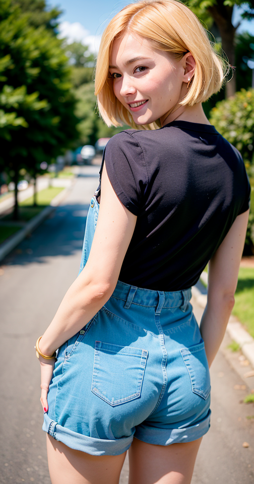 金髪振り向きオーバーオール女子 / Blonde girl in overalls, looking back