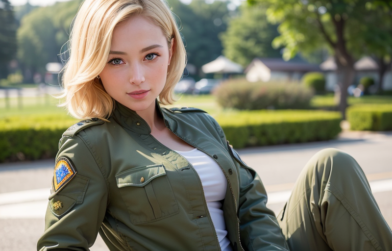 公園で一休みしている軍人女子 / A female soldier taking a break in the park.