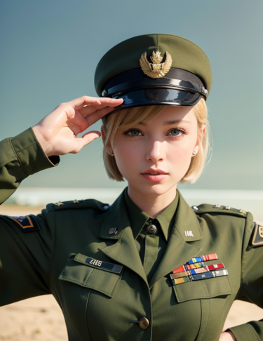 砂漠で敬礼している軍人女性 / A female soldier saluting in the desert.