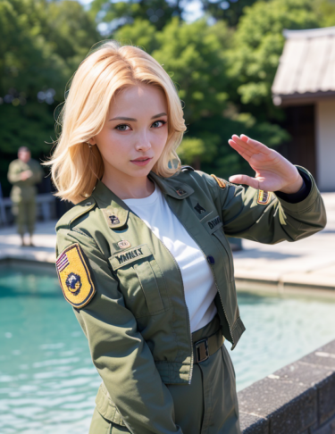 ゆるい敬礼している軍人女子 / A female soldier giving a casual salute.