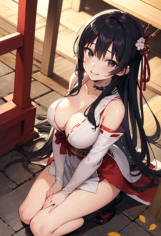 正座しているえっちな巨乳巫女 / Naughty busty shrine maiden sitting on her knees