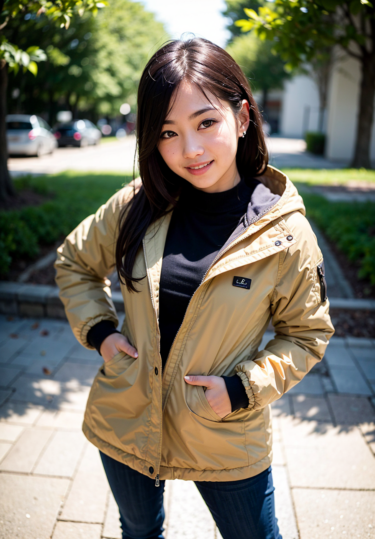 ジャケットを着て公園に散歩しにきた女性 / A woman wearing a jacket and walking in the park