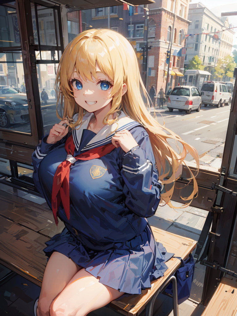 ロンドンのバス停で待っている女子高生 / Schoolgirl waiting at a bus stop in London