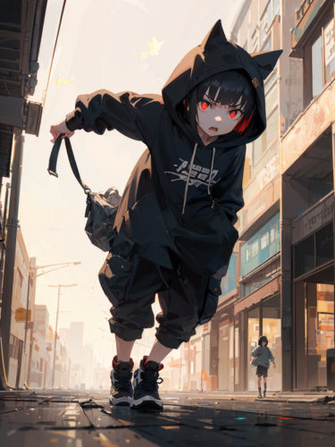 獲物を追いかける猫耳フード少女 / Cat ear hooded girl chasing prey