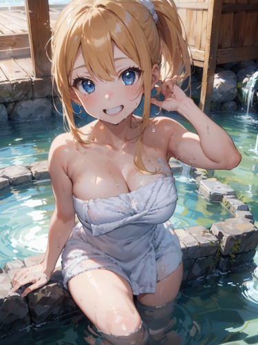 温泉に入っている金髪女性 / blonde woman in hot spring