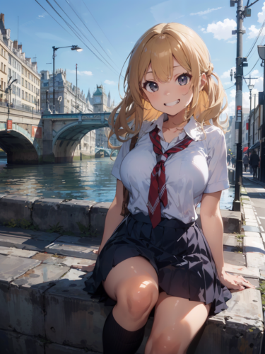 ロンドンっぽい橋に座っている女子高生 / A high school girl sitting on a London-like bridge