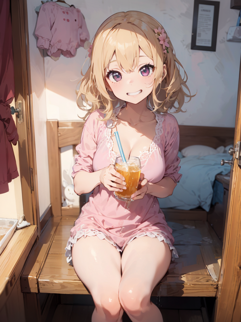 部屋でアイスティを飲んでいる少女 / Girl drinking iced tea in her room