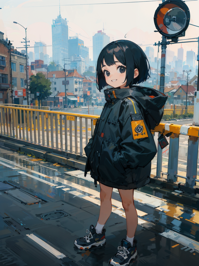 ガードフェンス横で佇んでいるビッグシルエットパーカー少女 / Big silhouette hoodie girl standing beside guard fence