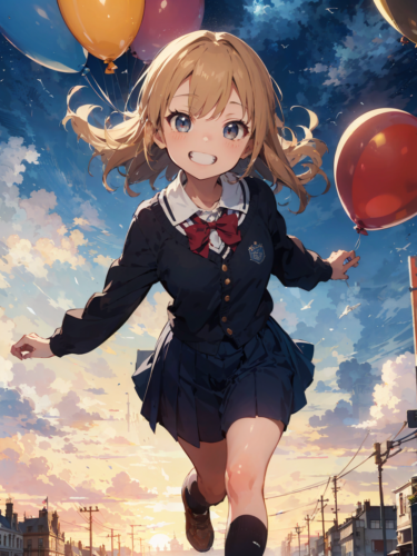 風船を持ちながら夕焼けを走っている女子高生 / A high school girl running in the sunset while holding a balloon