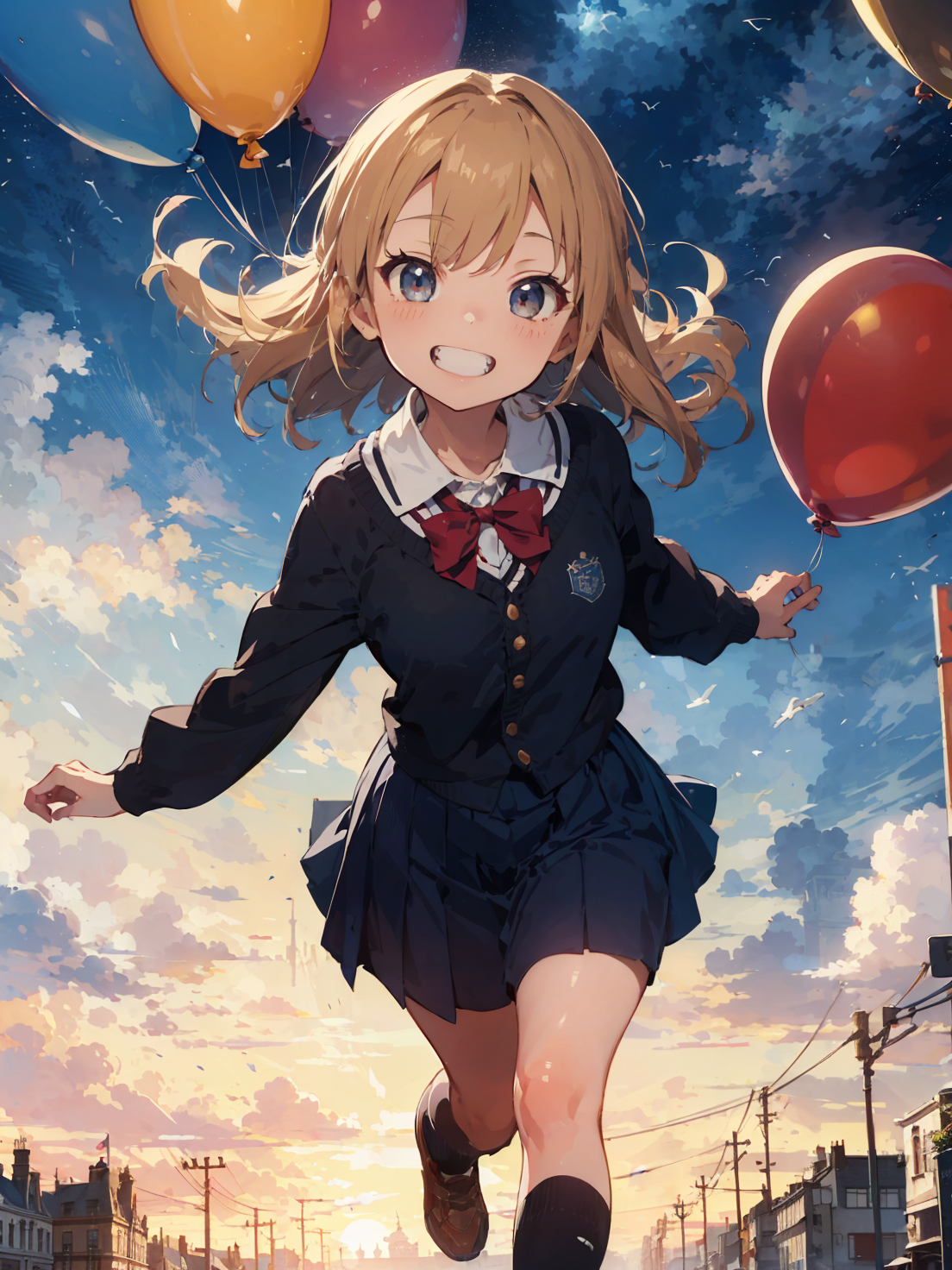 風船を持ちながら夕焼けを走っている女子高生 / A high school girl running in the sunset while holding a balloon