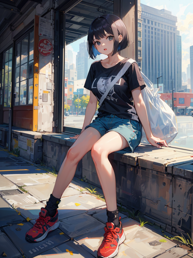 大きな肩掛けカバンを背負って一休みしている少女 / A girl taking a rest with a large shoulder bag on her back