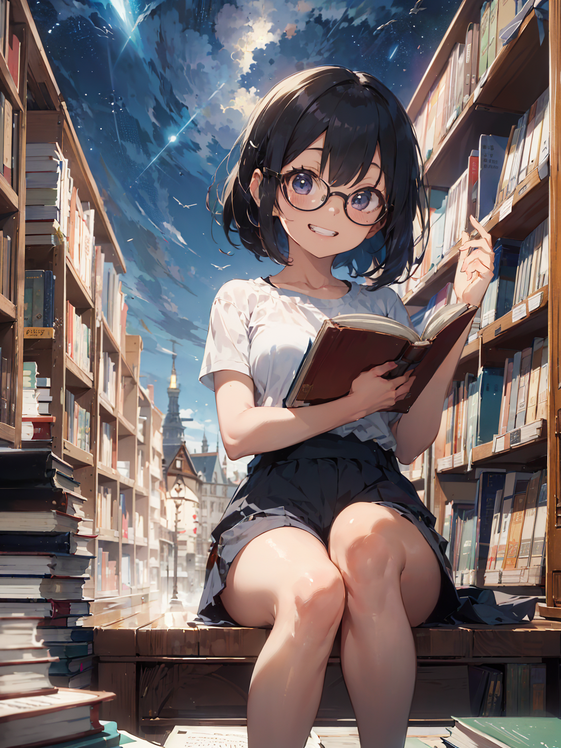 夢のような世界の図書館で本を読むメガネ少女 / A girl with glasses reading a book in a dreamy world library