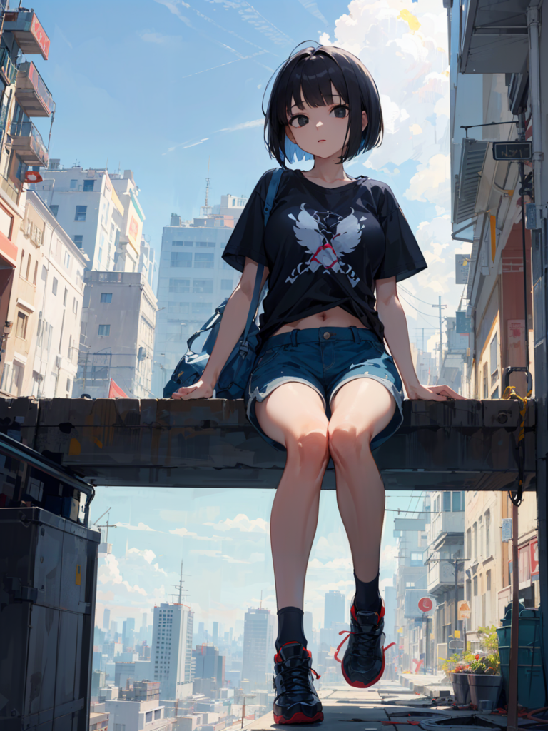 下町の小さな橋に座る少女 / A girl sitting on a small bridge in downtown