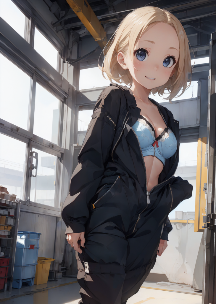 暑い工場で涼む少女 / A girl cooling off in a hot factory